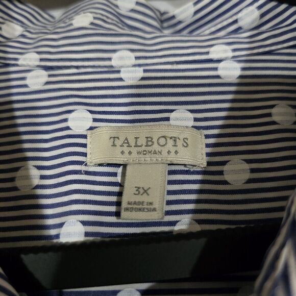 Talbots Top Womens 3X Polka Dot Button Up Long Sleeve Blue Striped Office Career - Picture 10 of 15